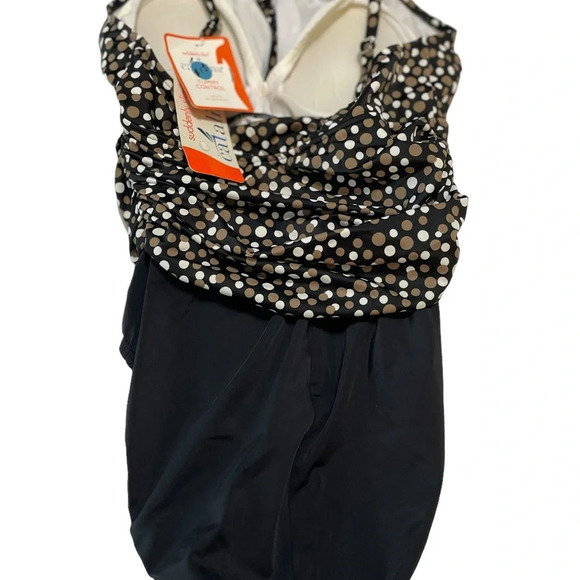 CATALINA Suddenly Slim Swimsuit Bathing Suit Black Brown Ivory Polka Dot Size M - Picture 3 of 10